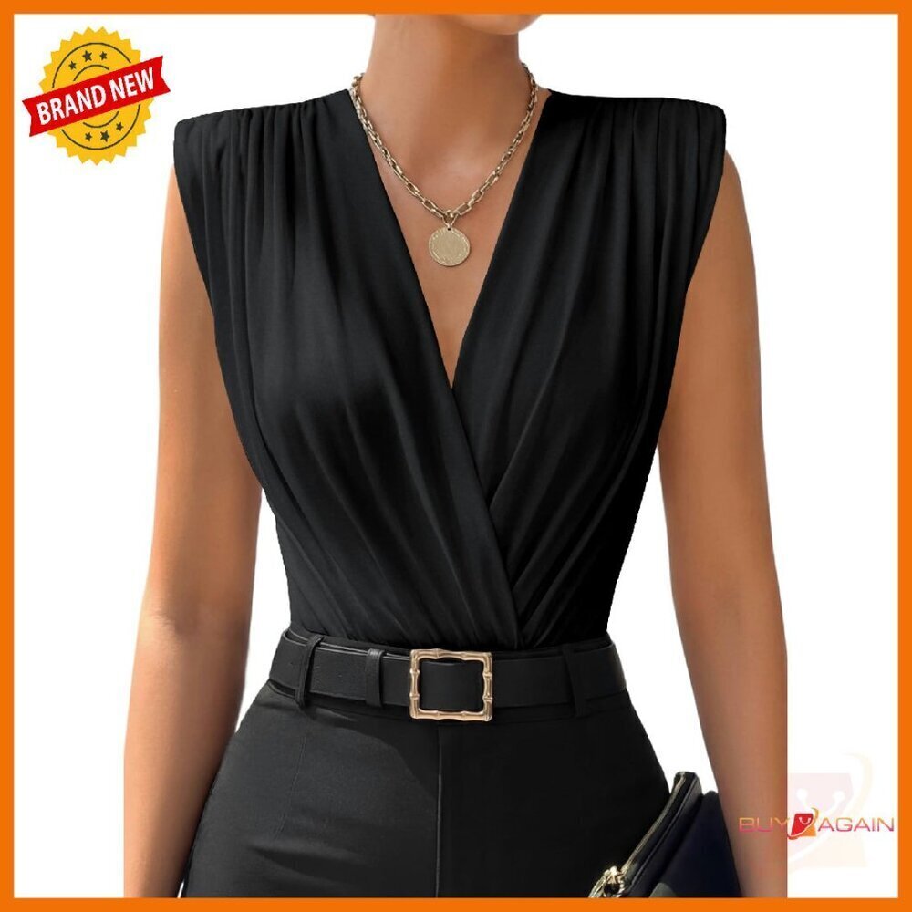 Sleeveless Wrap V Neck Ruched Bodysuit Top - Slim Fit Chiffon